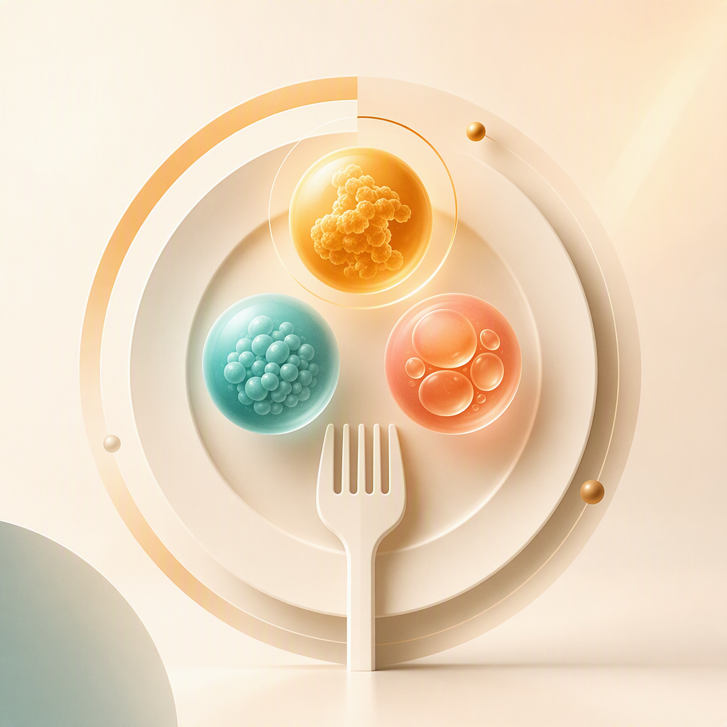 Abstract plate with protein, carb, and fat nutrient spheres
