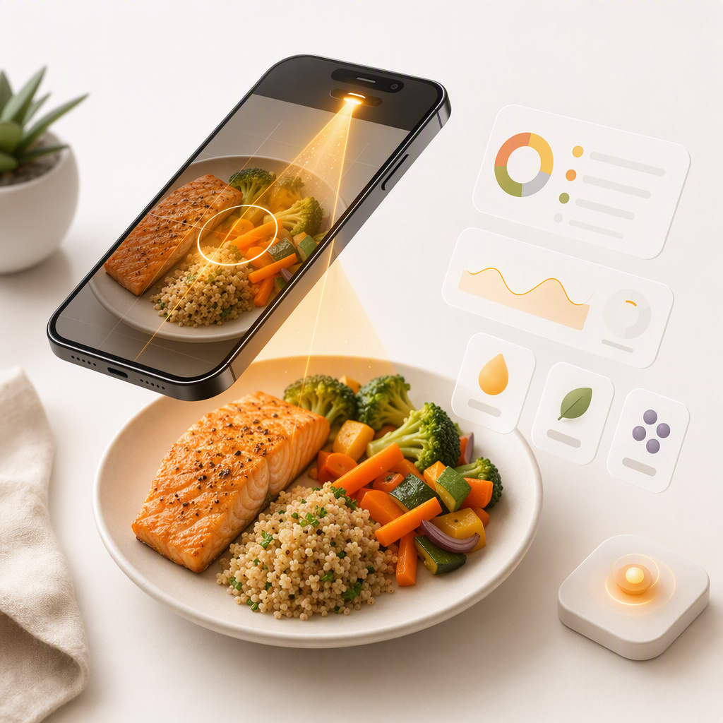 Phone camera scanning a dinner plate to estimate calories